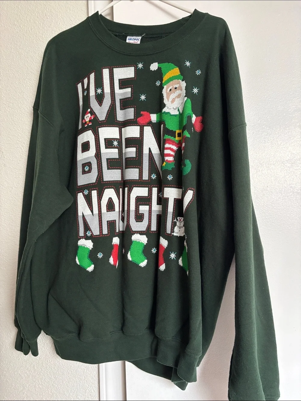 Gildan Men's Forest Green 'I've Been Naughty' Elf Crewneck Sweatshirt